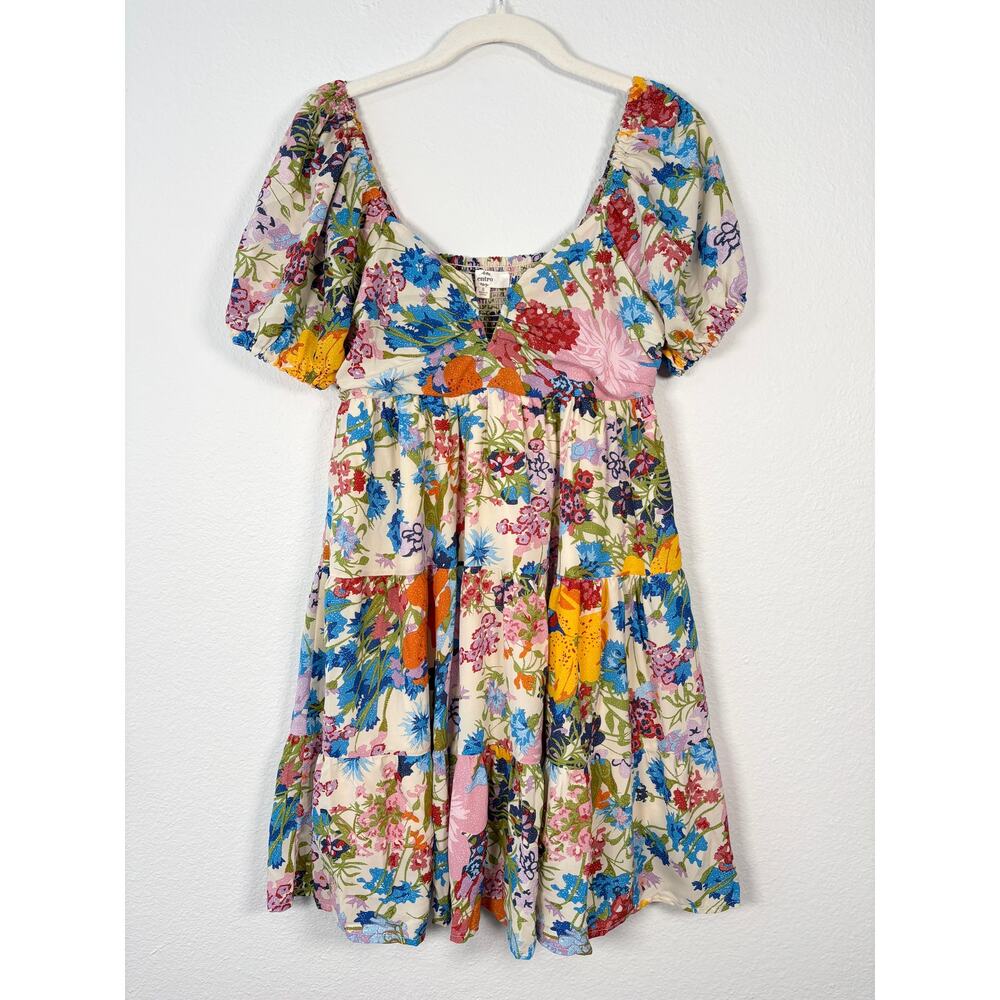 Entro Vibrant Floral Impressions Smocked Short Puff Sleeve Babydoll Mini Dress